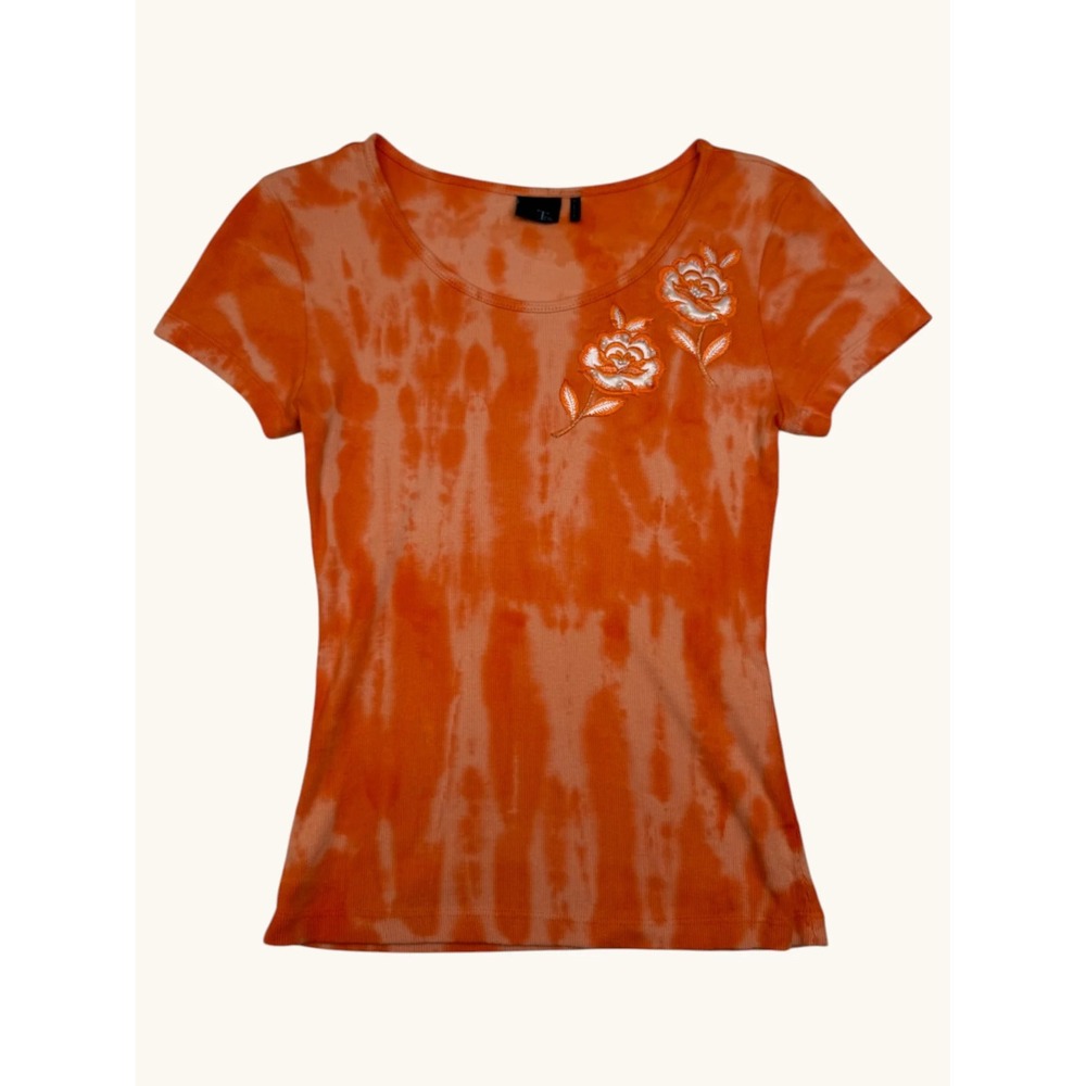Tco. Women Orange Tie Dye Ribbed Short Sleeve Top Floral Pearl Embroidery Size M